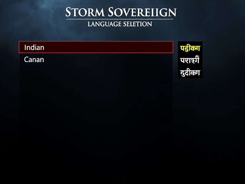 Storm Sovereign language selection screen showing Indian languages